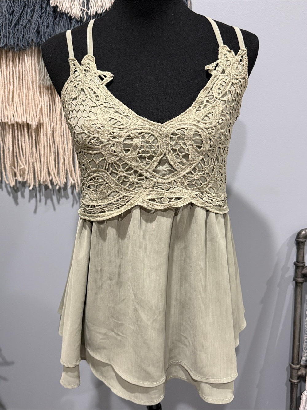 2 for $22 Boho Crochet Lace Babydoll Tank Sage Green Cami Large